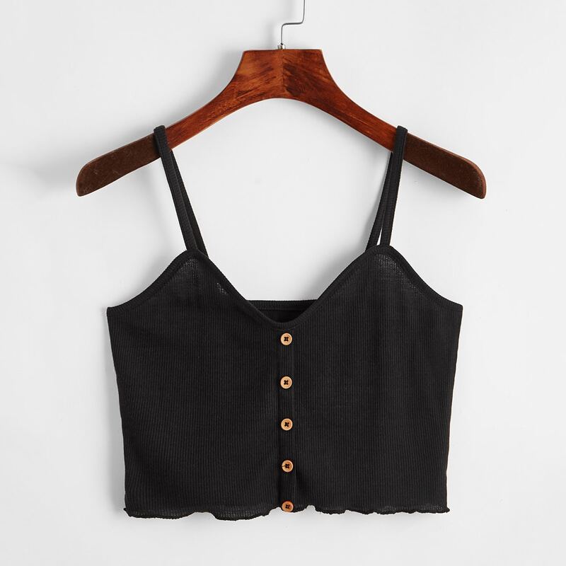 

Solid Button Front Crop Cami, Black
