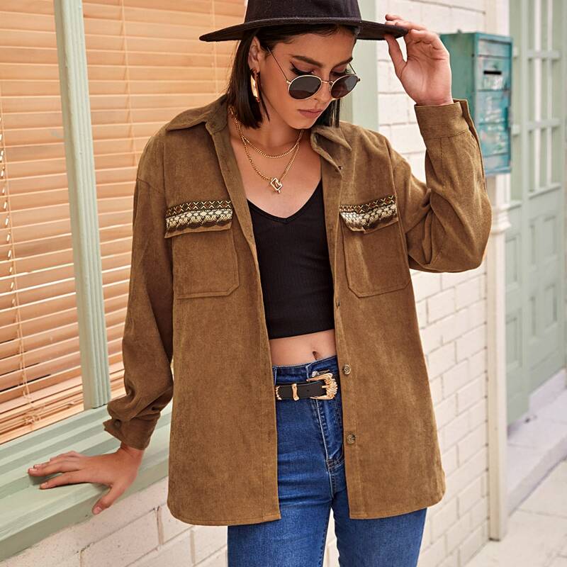 

Corduroy Flap Pocket Button Up Coat, Brown