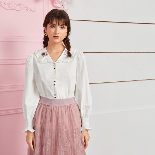 

Floral Embroidered Shirred Cuff Blouse, White