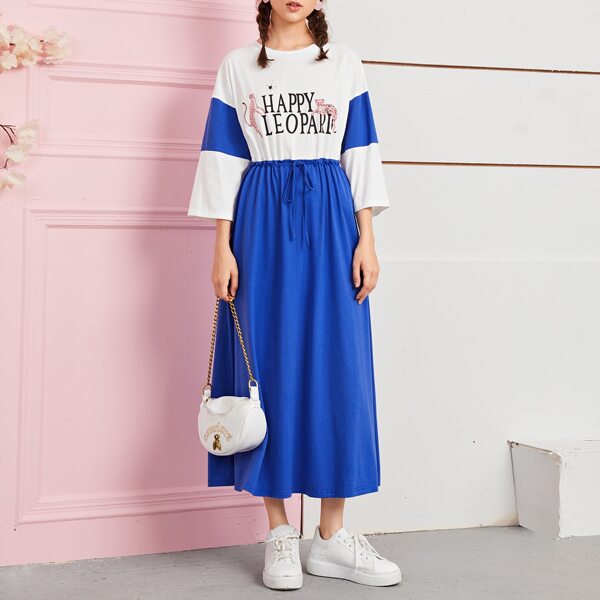 

Drop Shoulder Letter and Leopard Drawstring Waist Two Tone Dress, Blue and white