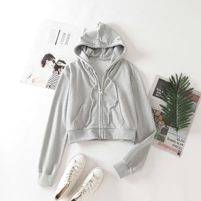 

Solid Zip-Up Drawstring Hoodie, Light grey