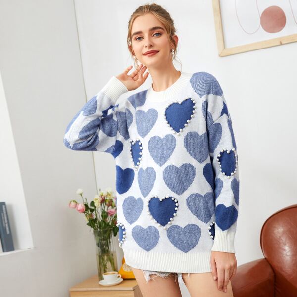 

Allover Heart Pattern Pearls Sweater, Blue and white
