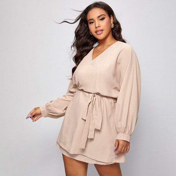 

Plus Solid Wrap Dress With Belt, Apricot