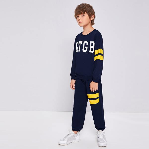 

Boys Letter and Striped Pullover & Sweatpants Set, Navy blue