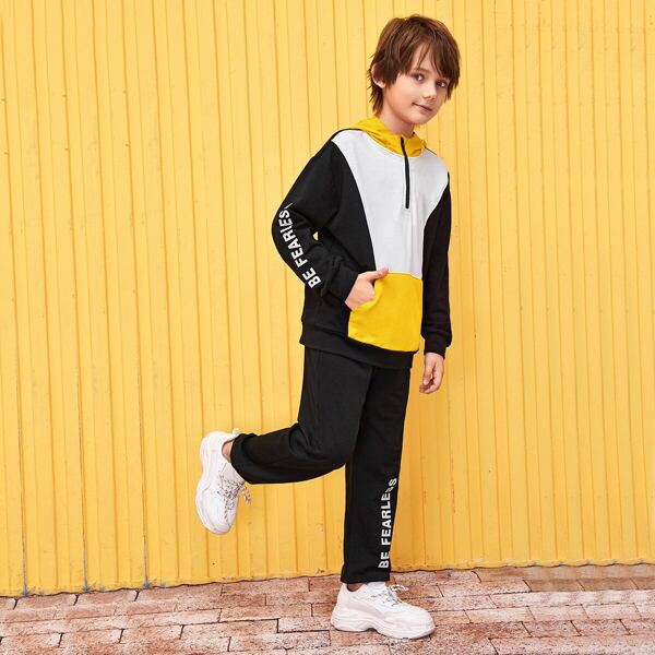 

Boys Zip Half Placket Pouch Pocket Letter Graphic Colorblock Hoodie & Sweatpants Set, Black