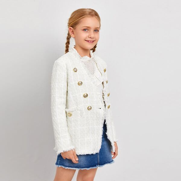 

Girls Frayed Trim Buttoned Front Tweed Coat, White