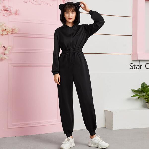 

Zip Up Ear Hooded Jumpsuit, Black