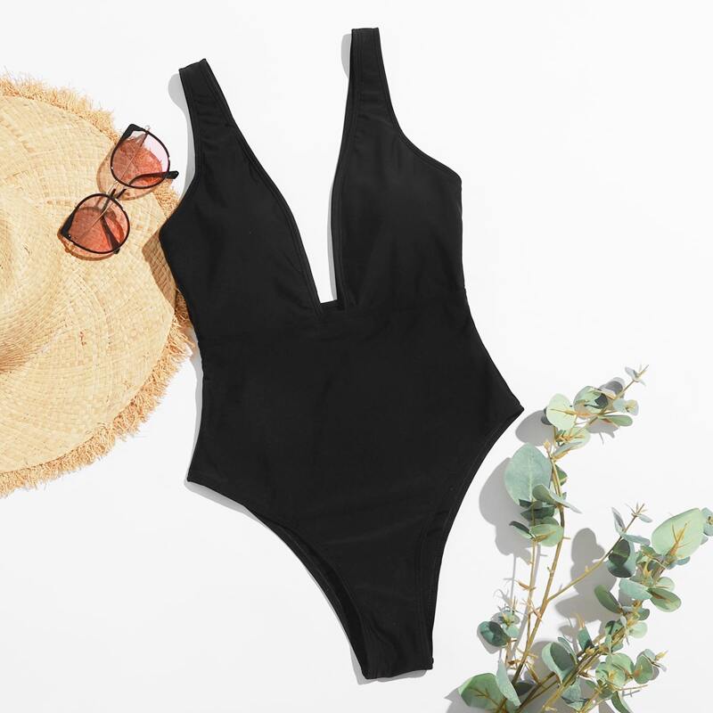 

Plunge Neck One Piece Swimsuit, Black