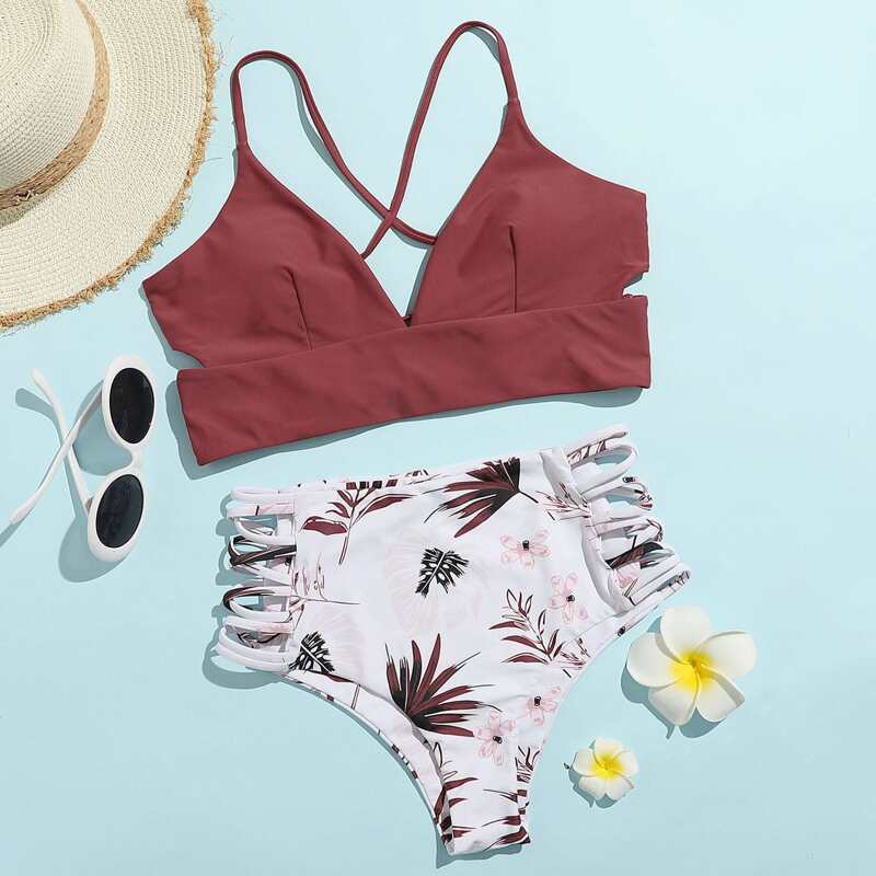 

Leaf Print Cut-out Side Bikini Swimsuit, Multicolor