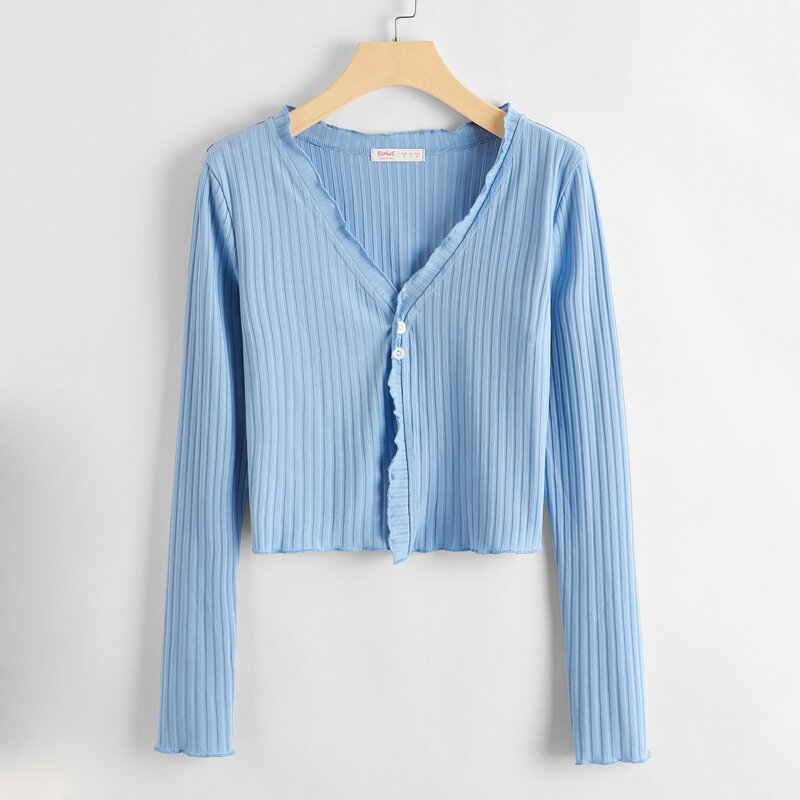 

Lettuce Trim Rib Knit Crop Top, Baby blue