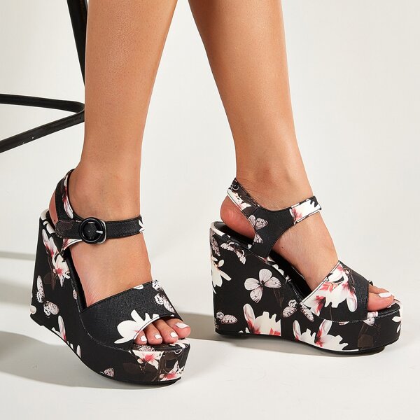 

Floral Graphic Ankle Strap Platform Wedges, Multicolor