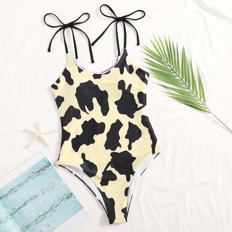 

Cow Print Tie Strap One Piece Swimsuit, Multicolor