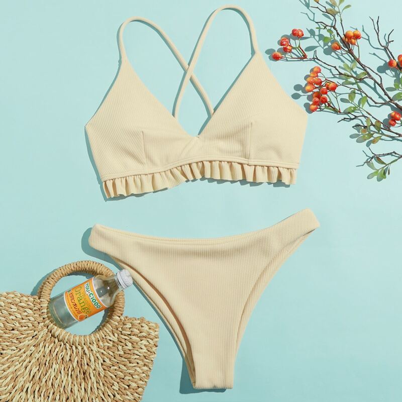 

Textured Ruffle Hem Bikini Swimsuit, Beige