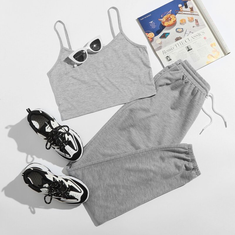 

Solid Crop Cami & Tie Front Sweatpants, Light grey