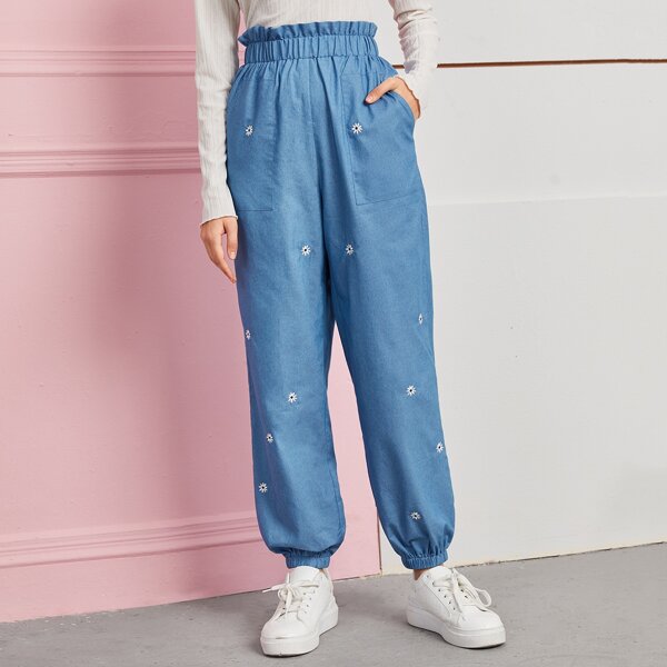 

Frill Waist Slant Pocket Floral Embroidery Pants, Blue