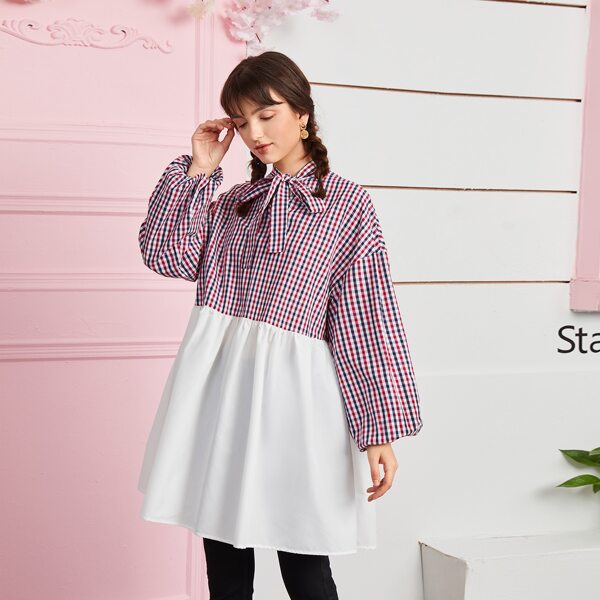 

Tie Neck Plaid Colorblock Oversized Top, Multicolor