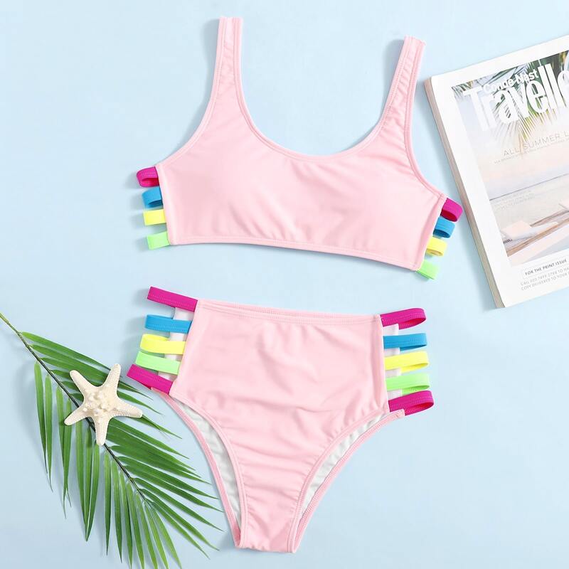 

Ladder Cut-out High Waist Bikini Swimsuit, Pastel baby pink