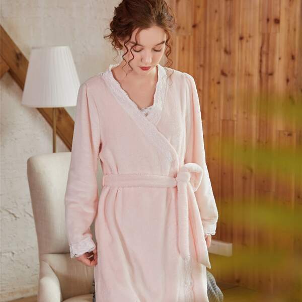 

Lace Trim Flannel Belted Robe, Baby pink