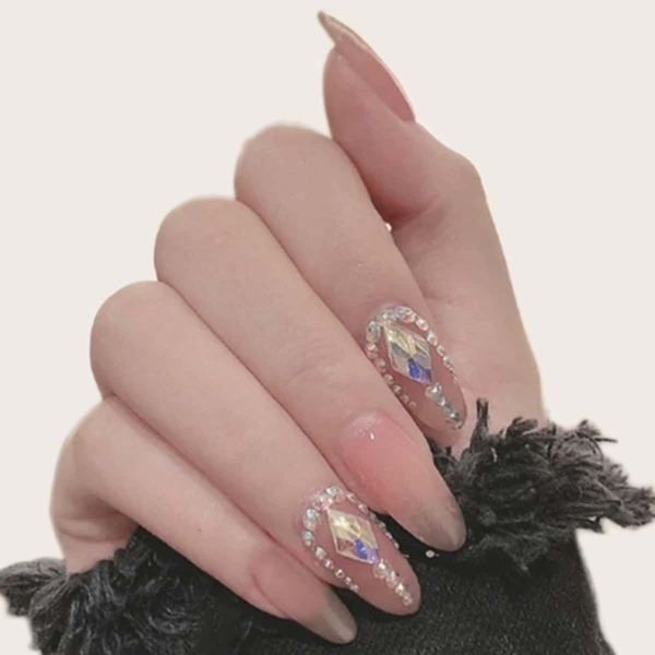 

24pcs Rhinestone Decor False Nail & 1sheet Tape, Baby pink