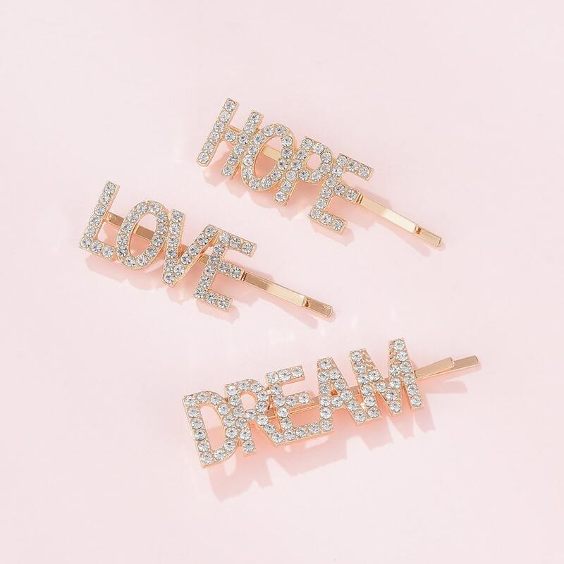 

1pc Random Rhinestone Engraved Letter Hair Clip, Gold