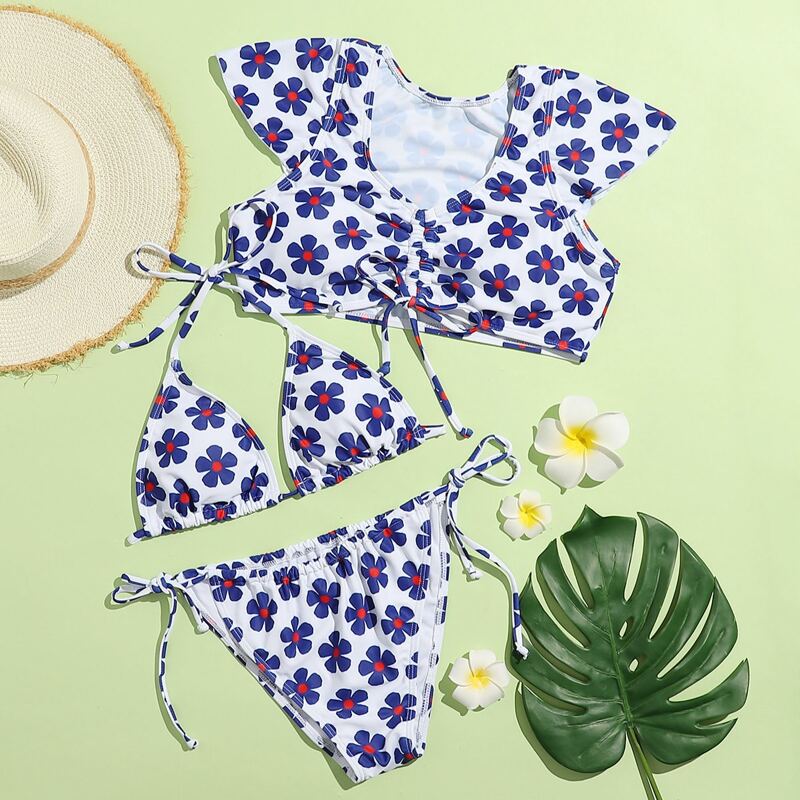 

3pack Floral Drawstring Front Bikini Swimsuit, Blue and white
