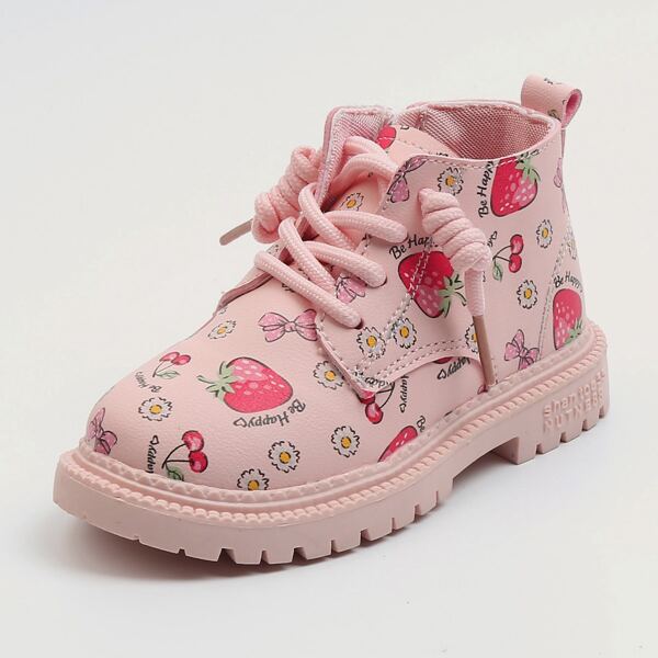 

Toddler Girls Lace-up Front Fruit Graphic Combat Boots, Pink