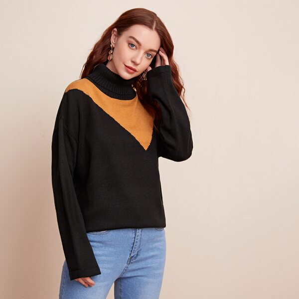 

Funnel Neck Drop Shoulder Sweater, Black