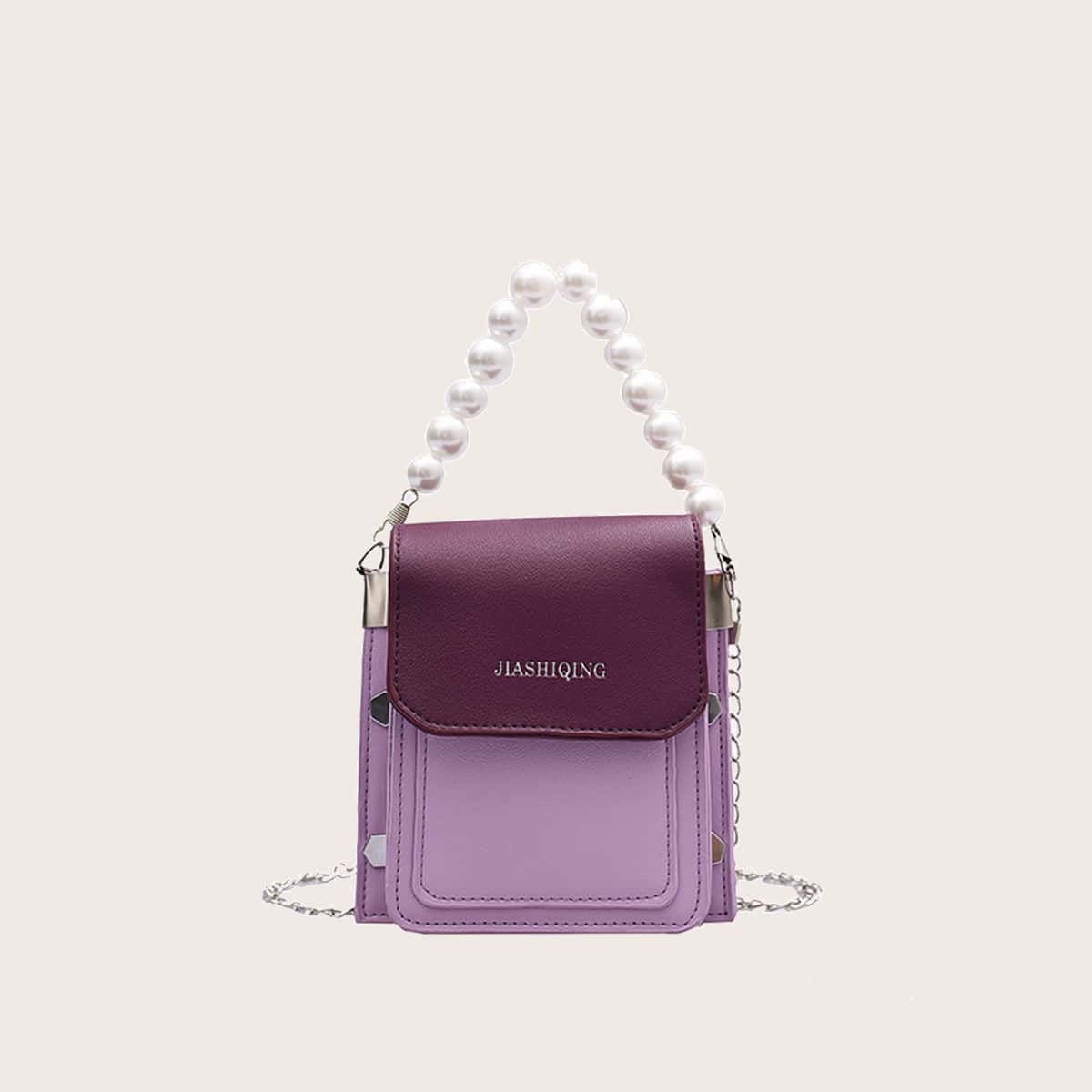 

Faux Pearl Colorblock Satchel Bag, Purple