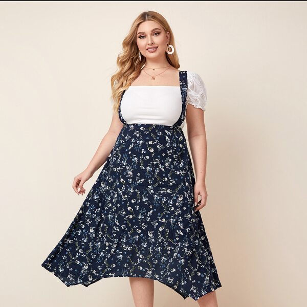 

Plus Floral Print Suspender Skirt, Navy blue