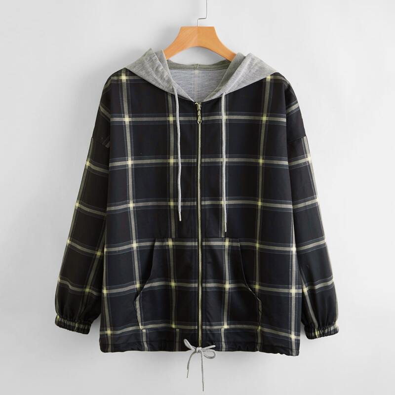 

Plaid Print Zip Up Drawstring Hooded Coat, Black