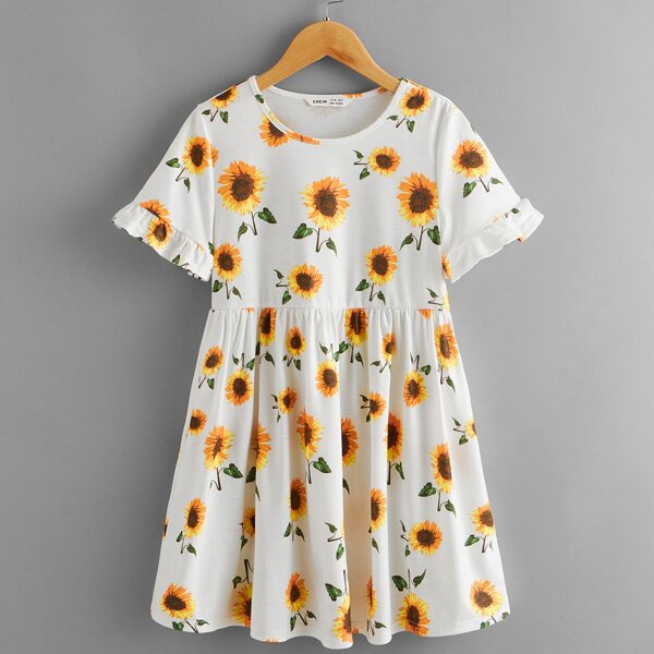 

Girls Sunflower Print Flounce Sleeve Dress, White