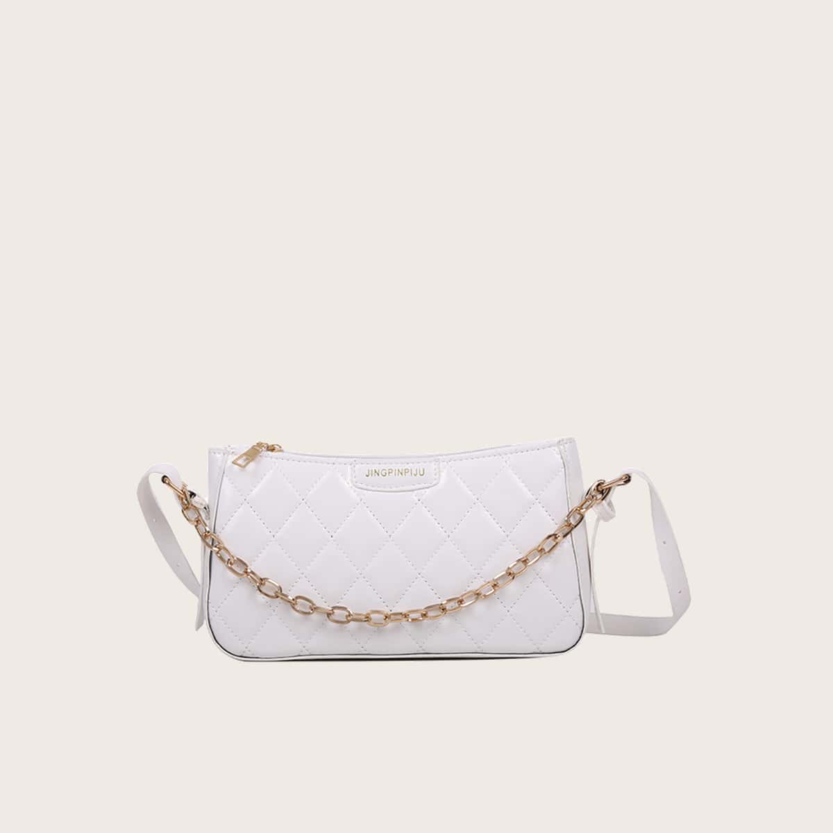 

Quilted Chain Baguette Bag, White