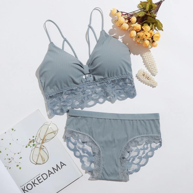 

Scallop Floral Lace Lingerie Set, Dusty blue
