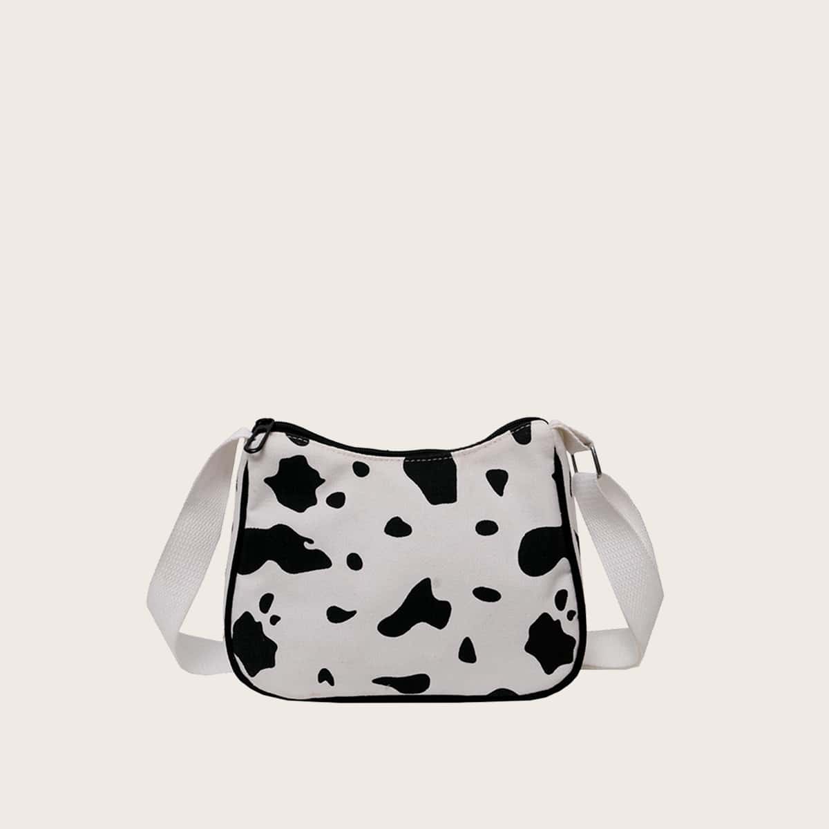 

Cow Print Baguette Bag, Black and white