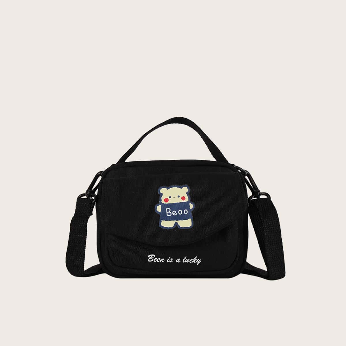 

Cartoon Canvas Satchel Bag, Black