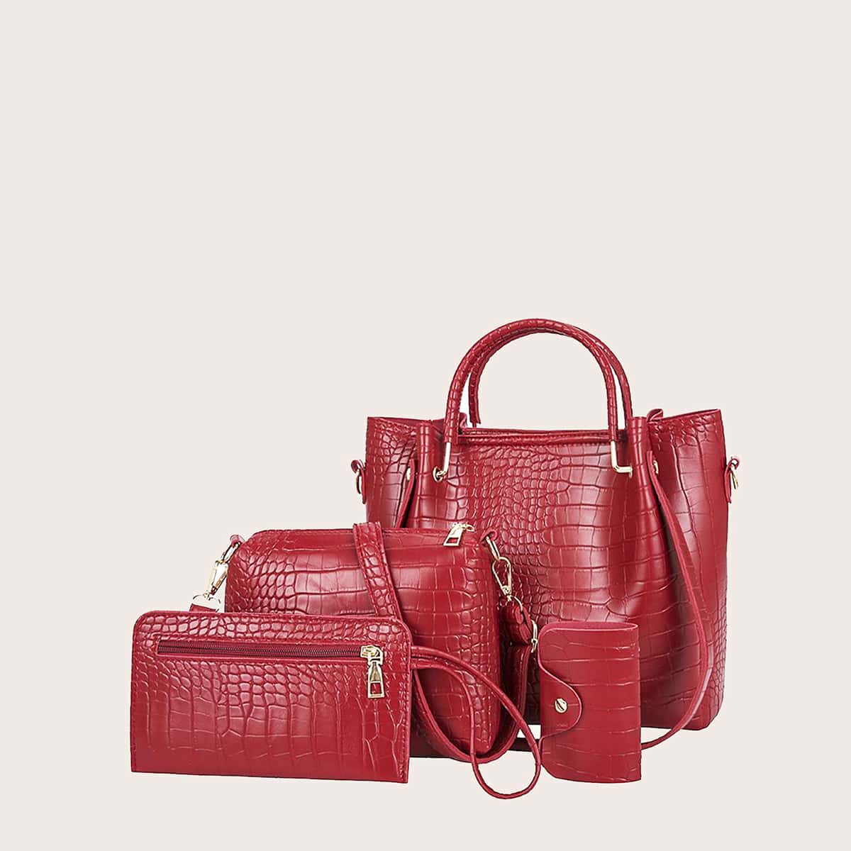 

4pcs Croc Embossed Satchel Bag Set, Red
