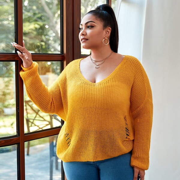 

Plus Scoop Neck Ripped Solid Sweater, Mustard yellow