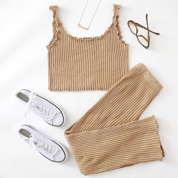 

Lettuce Trim Rib-knit Top & Pants Set, Camel