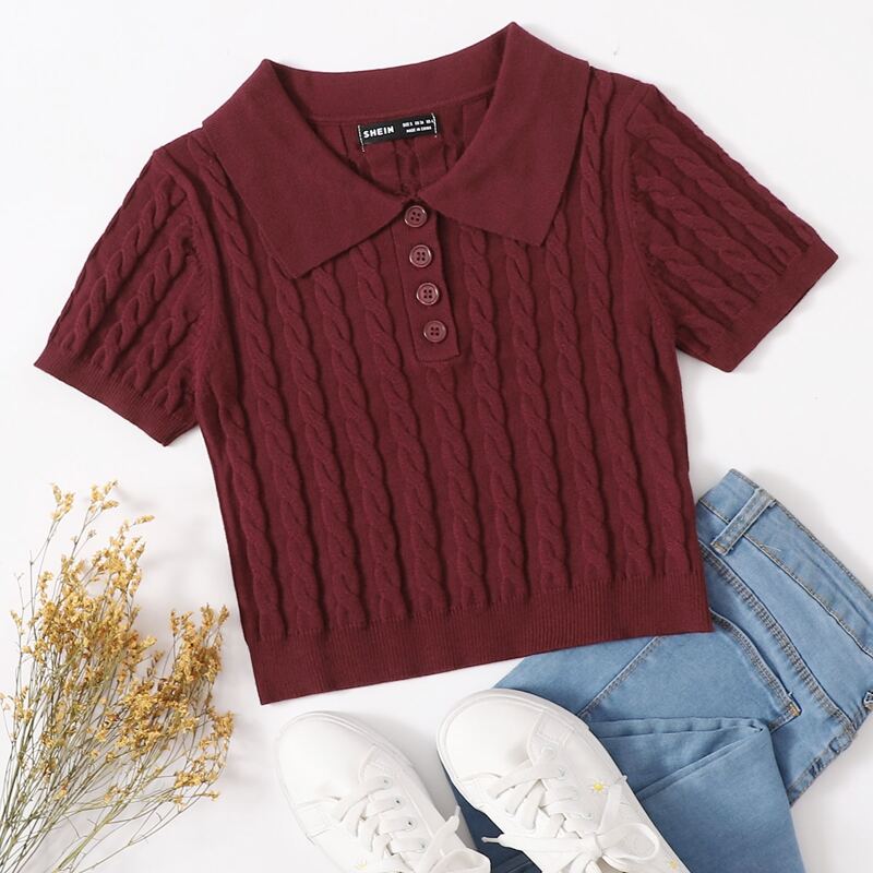 

Cable Knit Cropped Polo Tee, Maroon