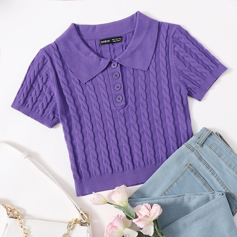 

Half Button Cable Knit Crop Top, Violet purple