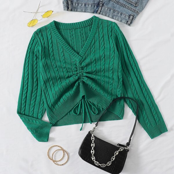 

Drawstring Ruched Cable Knit Sweater, Green