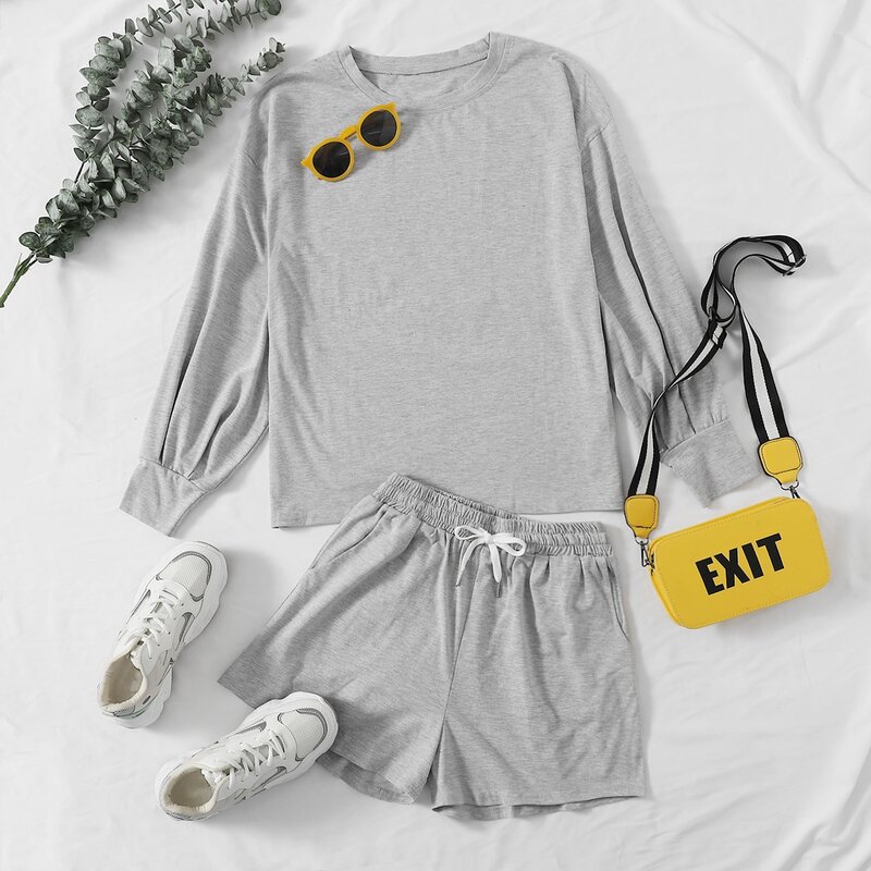 

Drop Shoulder Tee & Tie Waist Shorts Set, Light grey