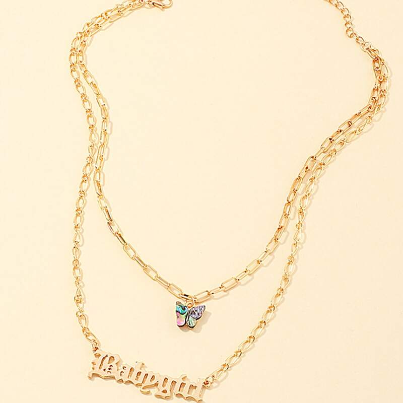 

Butterfly & Letter Layered Chain Necklace, Gold