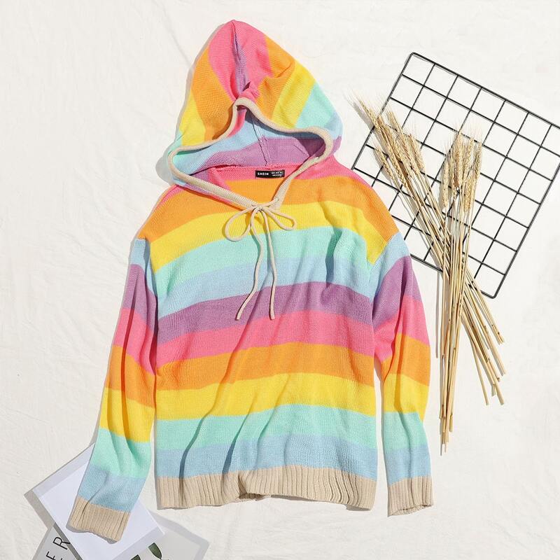 

Rainbow Striped Drawstring Hooded Sweater, Multicolor