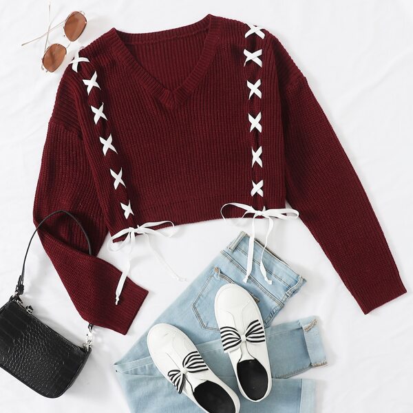 

Lace Up Knot Drop Shoulder Crop Sweater, Maroon