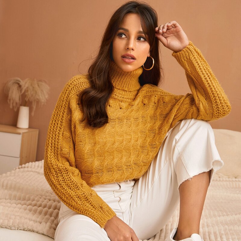 

Turtle Neck Batwing Sleeve Sweater, Mustard yellow