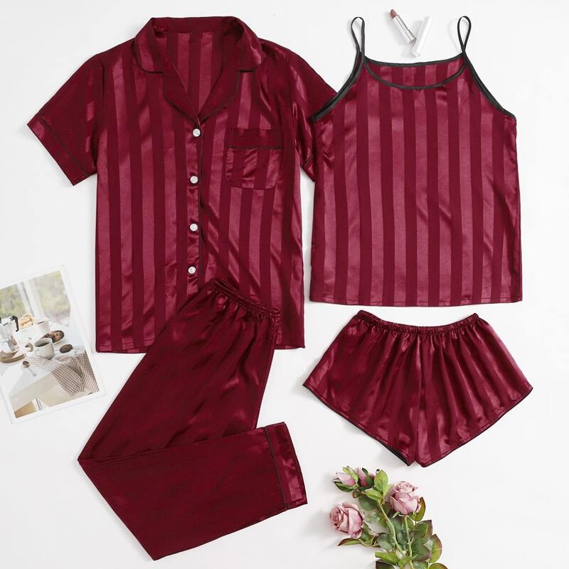

4pcs Striped Pocket Front Satin PJ Set, Maroon