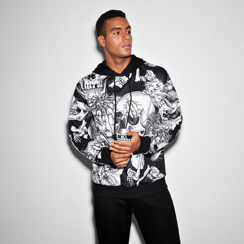 

Guys Drawstring Detail Skull Print Hoodie, Black and white
