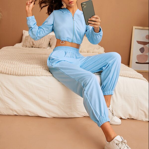 

Zip Up Drawstring Hem Hoodie & Pants Lounge Set, Baby blue