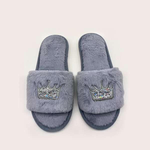 

Glitter Decor Crown Graphic Fluffy Slippers, Grey